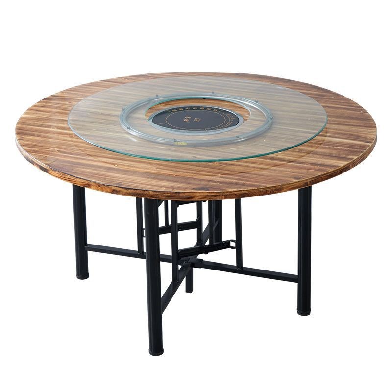 火锅桌子电磁炉一体圆桌家用实木餐桌酒店餐馆带转盘面板折叠桌架