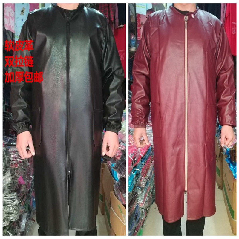 皮大褂工作服加肥加大PU皮革正穿双拉链防水罩衣带帽围裙加厚加长