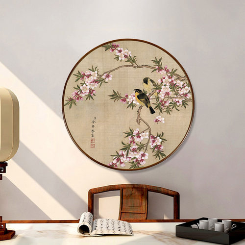 国画花鸟画圆形壁画有镜框中式客厅背景墙装饰画餐厅卧室玄关挂画