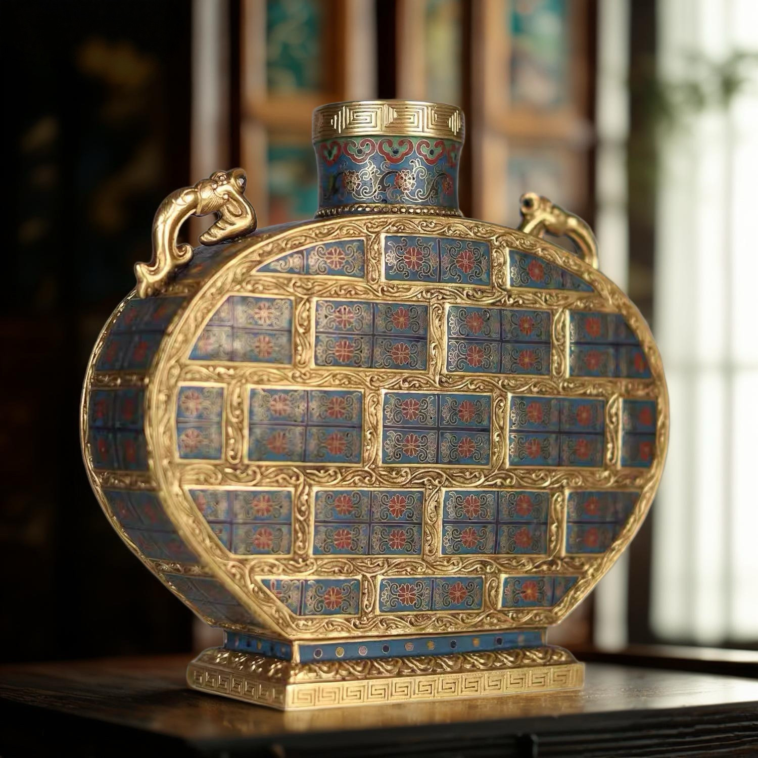 仿清代故宫乾隆期景泰蓝掐丝珐琅锦纹扁壶复古艺术品收藏装饰手工