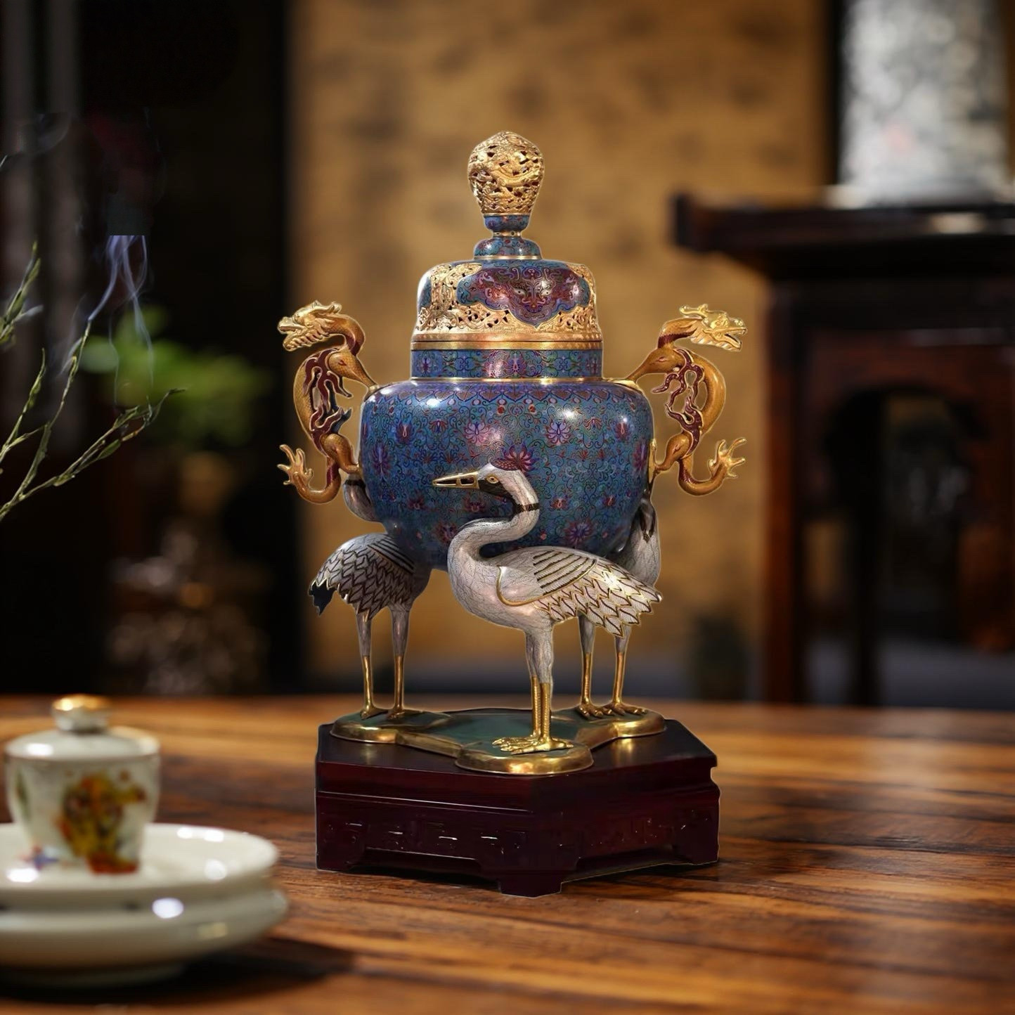 景泰蓝掐丝珐琅大型鹤足熏香炉工艺品艺术品落地摆件收藏装饰