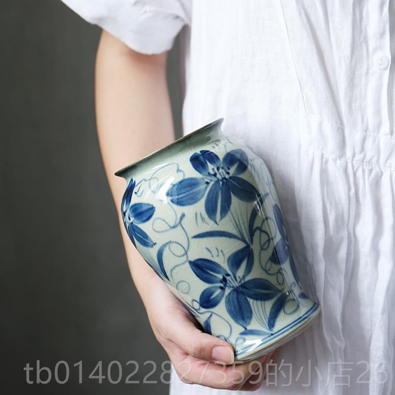 正品手绘青花瓷瓶中厅复式客插花摆花件粗陶古鲜花禅意陶瓷花器景