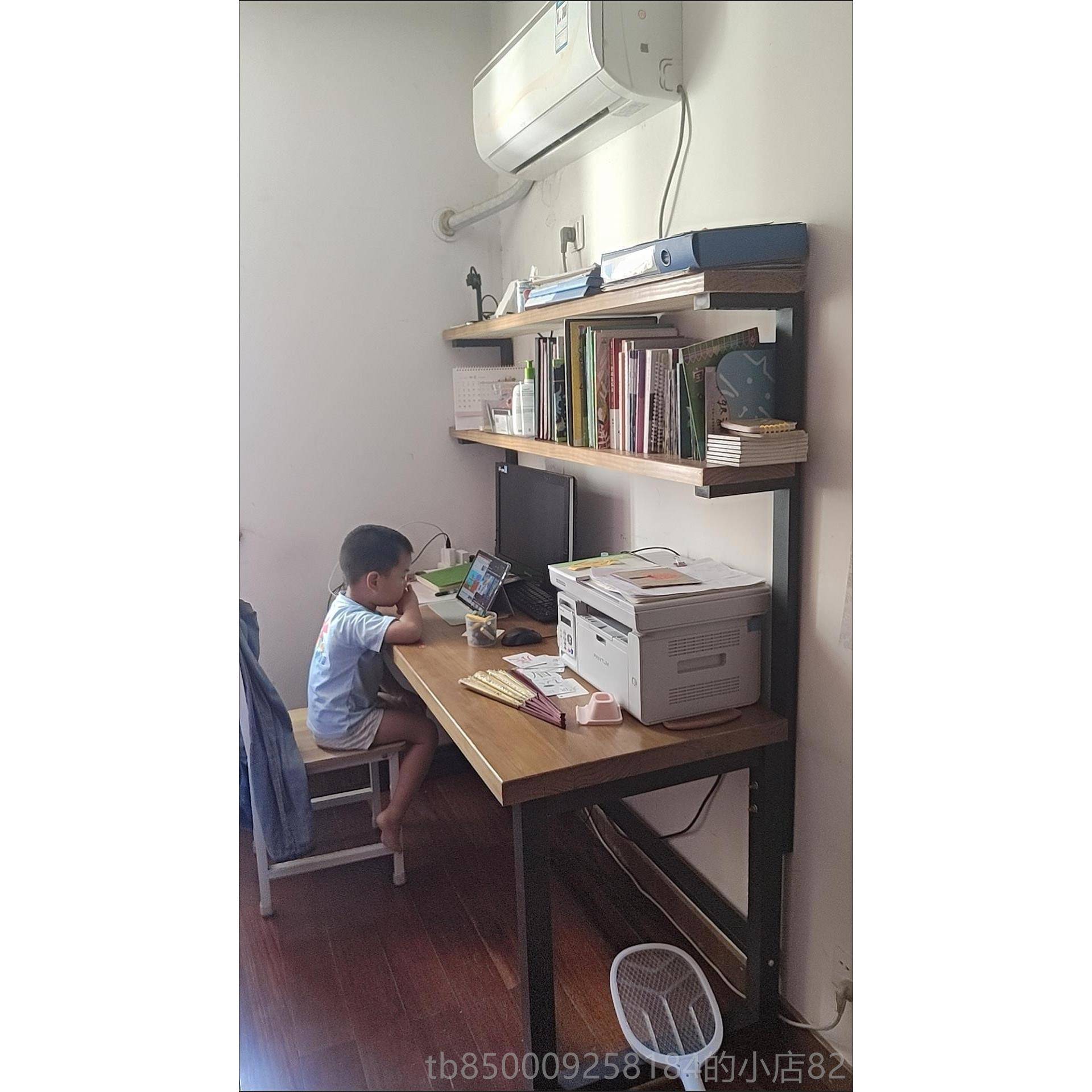 正品loft公台电书脑桌实木双人家用写字办桌式卧室简约桌一体书架