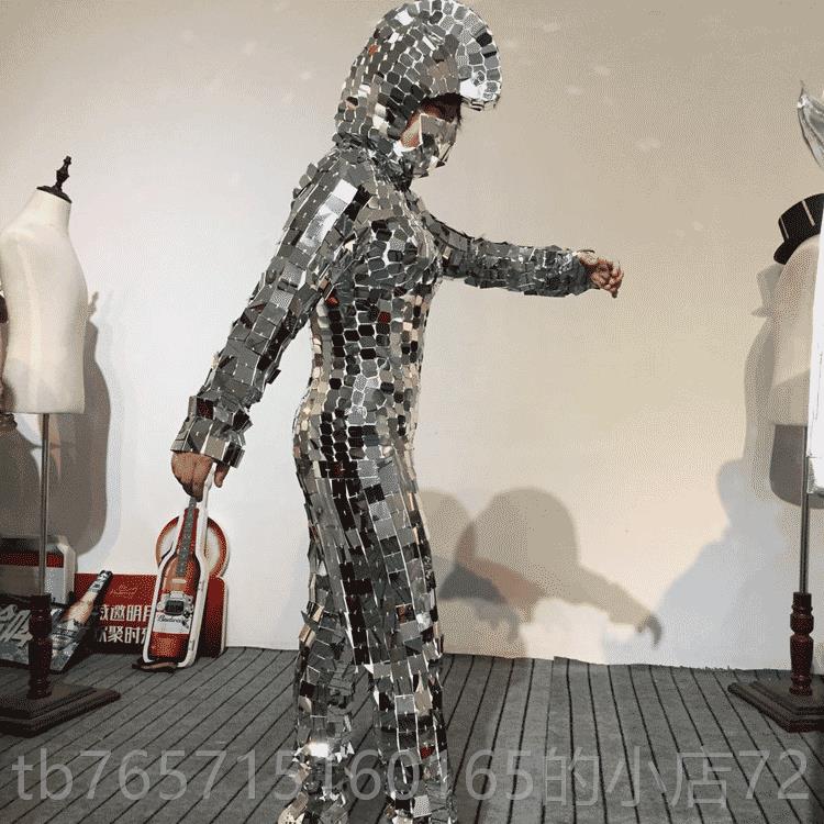 高档L舞ED发光装镜面西银色片人台镜机械舞演出服