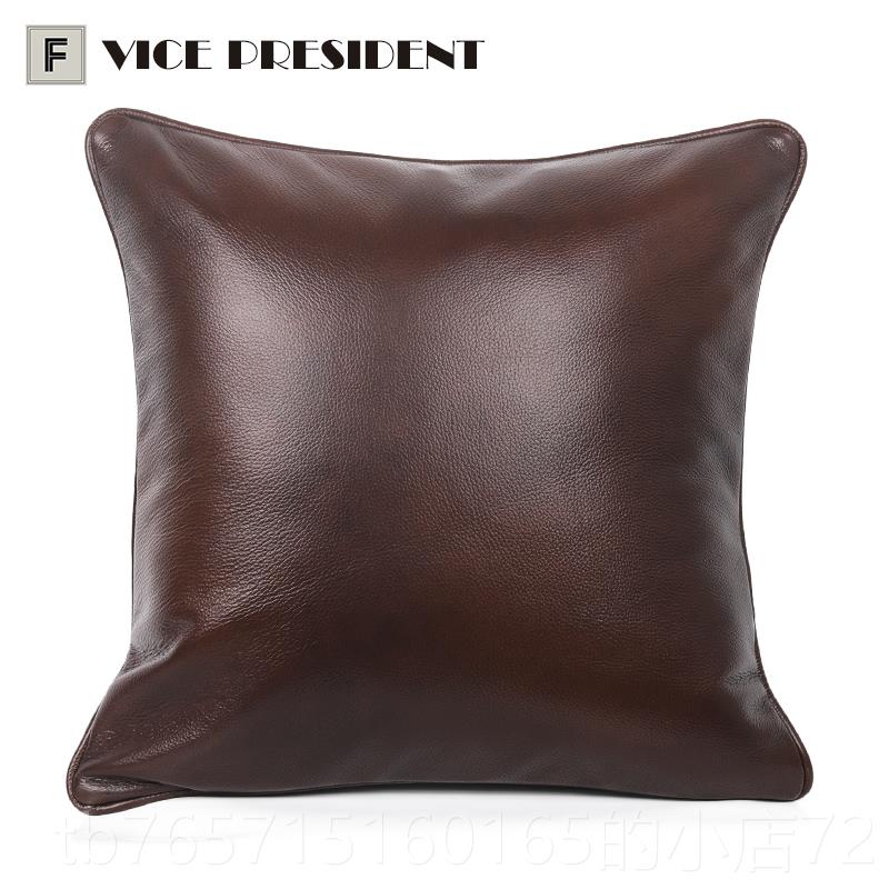 高档美式现简橙约棕色真头层牛形皮方抱枕套客厅沙发真代皮靠垫汽