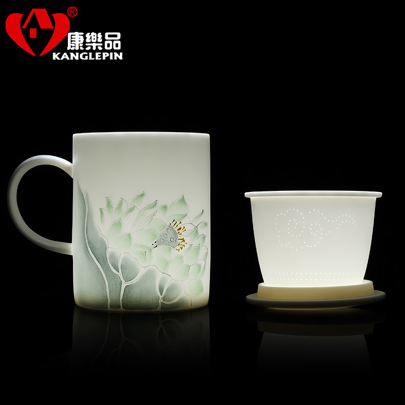 康乐品张丽娇大师手绘冰种玉瓷办公杯陶瓷带盖过滤茶水分离泡茶杯