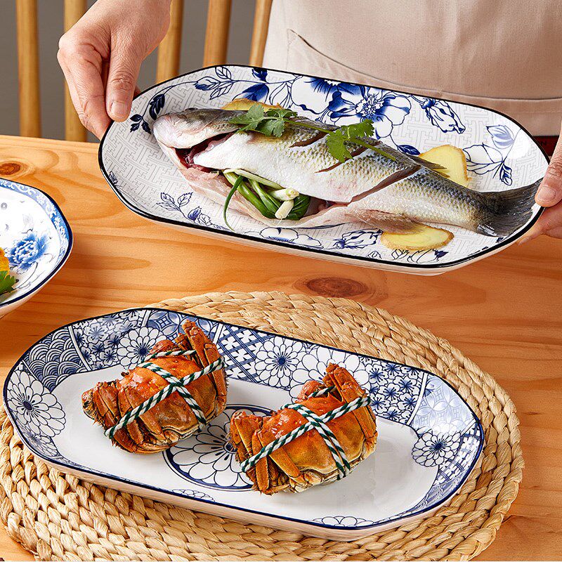 鱼盘家用陶瓷加厚品质餐具健康釉下彩12英寸长方盘子蒸鱼大号鱼碟