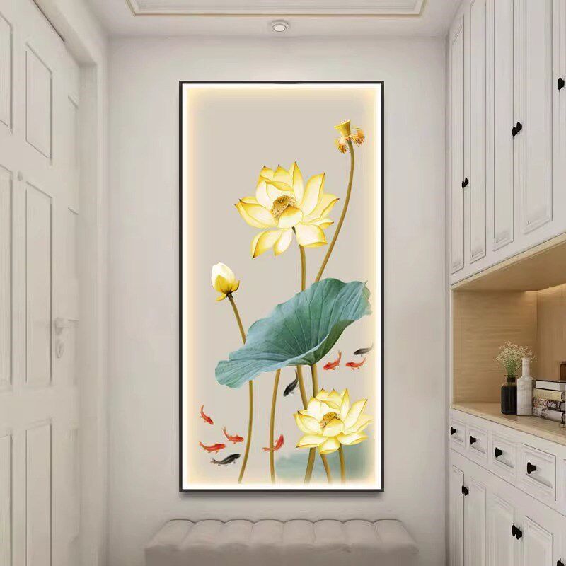 荷花灯光画玄关装饰画带灯LED茶室客厅正对门挂画走廊过道壁灯画