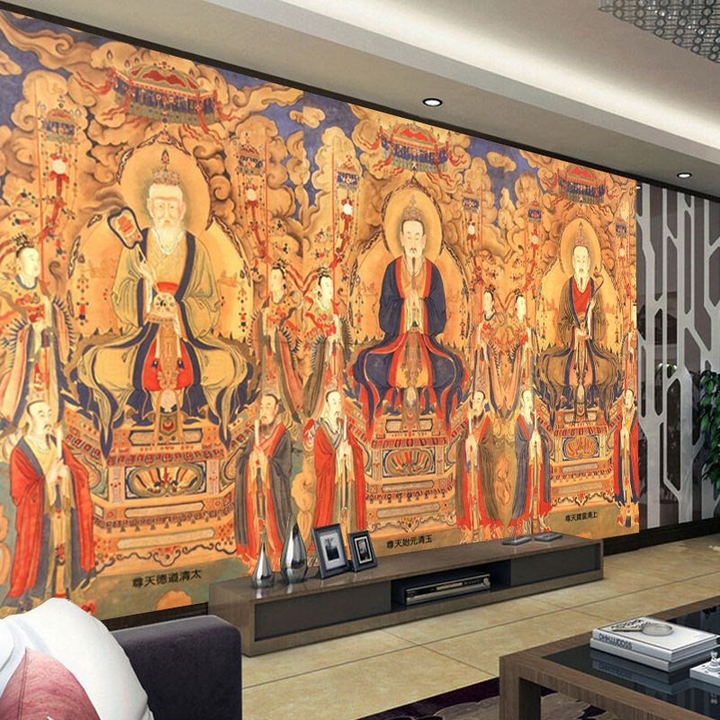三清天尊墙纸壁纸元始天尊无缝背景墙大型墙布道文化壁画