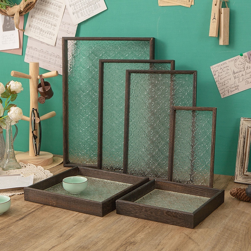 复古海棠花托盘长方形架子家用实木杯子茶具新款玻璃盘木质水果盘