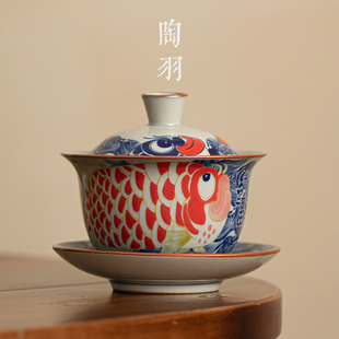 祥龙纳福三才盖碗家用陶瓷防烫手泡茶碗中式复古功夫茶具泡茶器