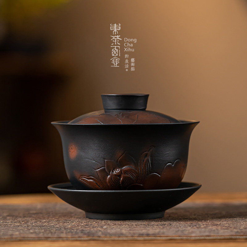 紫陶盖碗大号半手工荷花三才泡茶碗复古陶瓷茶具盖杯介杯功夫茶杯