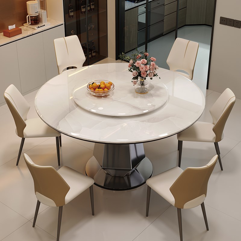天然大理石餐桌现代简约家用小户型微晶石圆桌2024新款饭桌椅组合