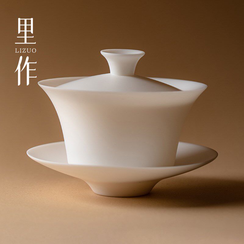 里作羊脂白玉超薄胎三才盖碗茶具三件套家用白瓷素烧不烫手泡茶碗