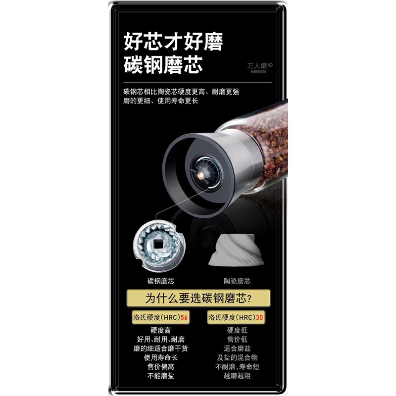 不锈钢海盐黑胡椒粒研磨器碳钢芯胡椒粉手磨研磨研磨瓶家雷新