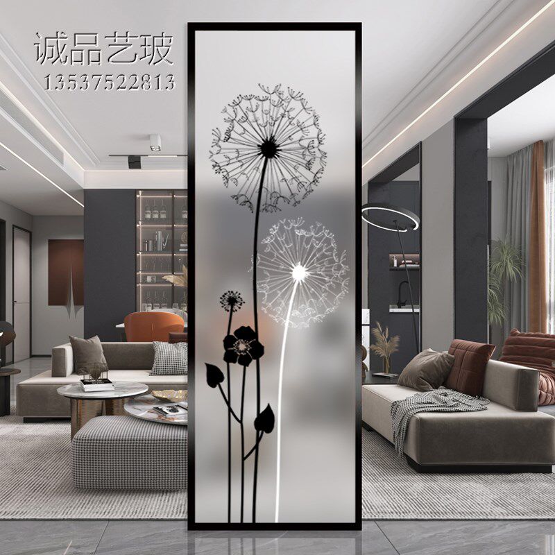 艺术玻璃定制钢化新款屏风客厅玄关磨砂透光彩绘双面2022年蒲公英