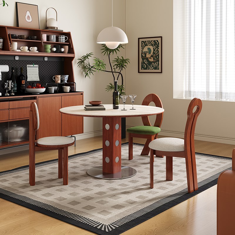 德利丰岩板洞石桌中古圆桌复古金属腿圆形餐桌法式包豪斯实木饭桌