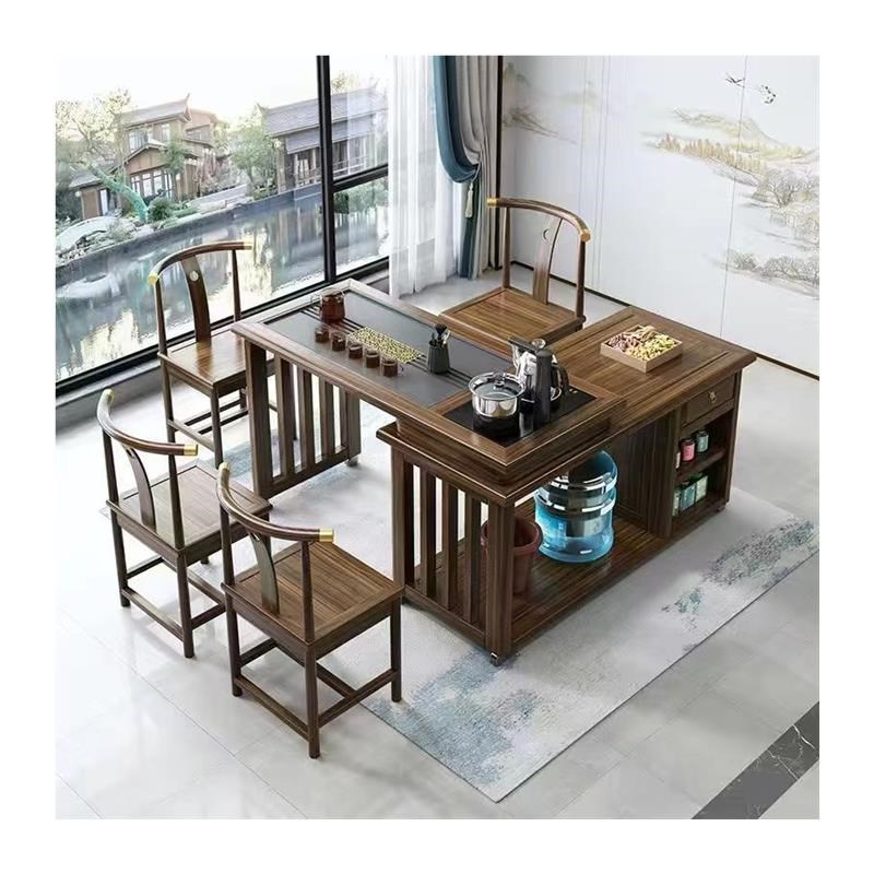 阳台茶桌椅实木折叠茶桌一体一整茶几小户型旋转茶桌