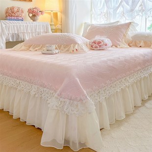夏季 凉感冰丝席凉席三件套可水洗折叠公主风蕾丝床盖空调软席垫子