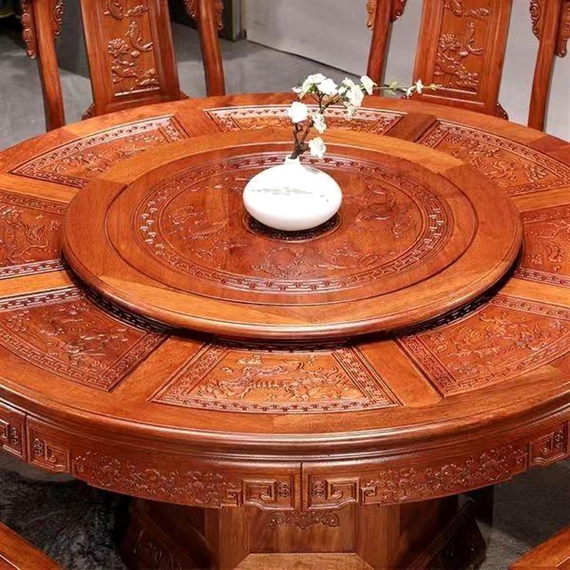 花梨木全实木餐桌椅红木仿古圆形带转盘雕花10人酒店家用饭桌
