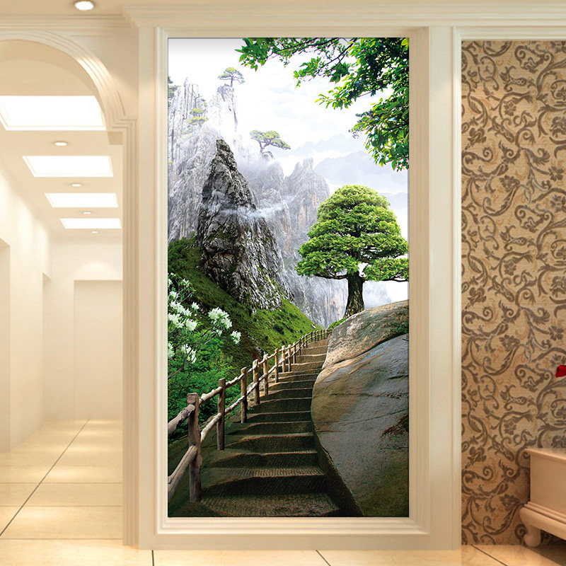 38D立体玄关过道壁纸走廊黄山风景壁画迎客松墙布定制5d背景墙纸