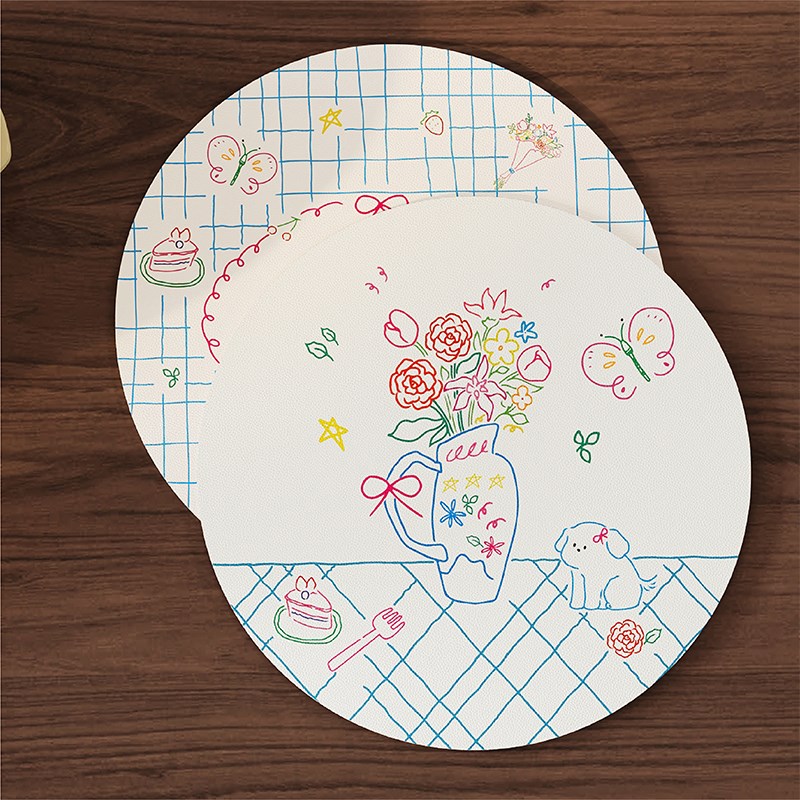 法式插画可爱吸水杯垫家用皮革隔热餐垫咖啡杯碗盘茶几桌面保护垫