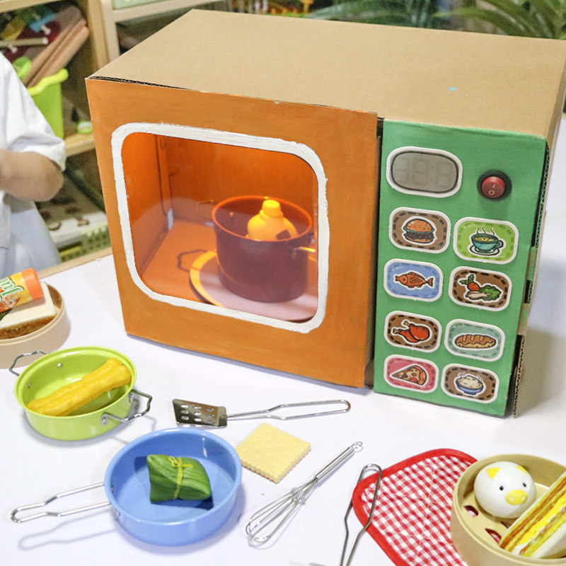 幼儿园小中班娃娃家角色区亲子手工diy材料纸板自制微波炉玩教具