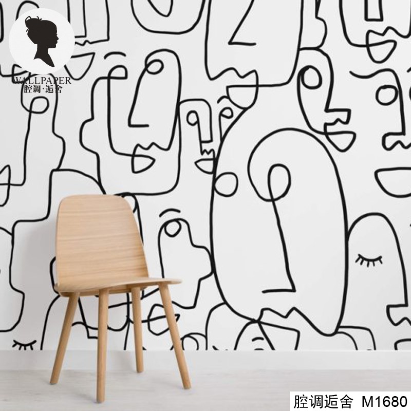 腔调壁画肖像抽象个性简脸简约时尚壁纸办公室客厅民宿卧室M1680