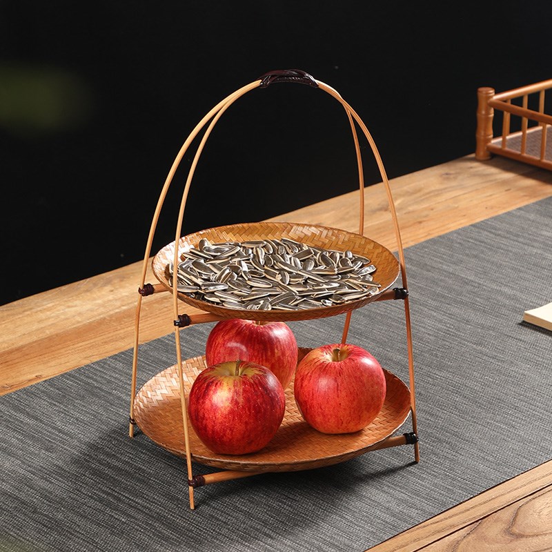 手工竹编大漆竹编小提篮中式复古带提手点心盘水果篮茶点糕点托盘