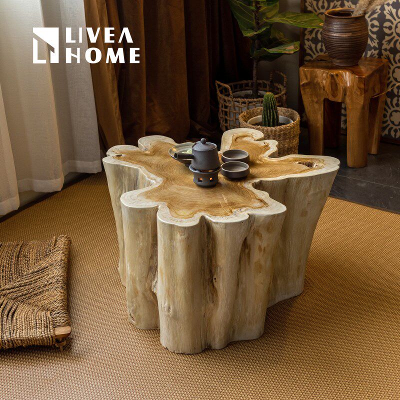 印尼原装进口柚木茶几实木艺术异形客厅原木手作工艺摆件装饰