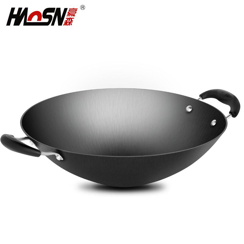 豪森CM燃气专用耳尖底炒锅生铁锅不粘锅子家用传统老式大铁锅