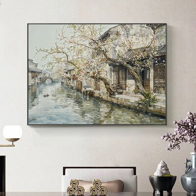 江南水乡春天风景挂画客厅茶室墙壁画中式江南小巷画沙发背景墙画
