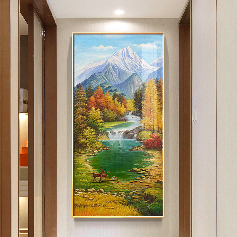聚宝盆装饰画入户玄关画寓意好走廊尽头挂画竖版壁画山水风景油画