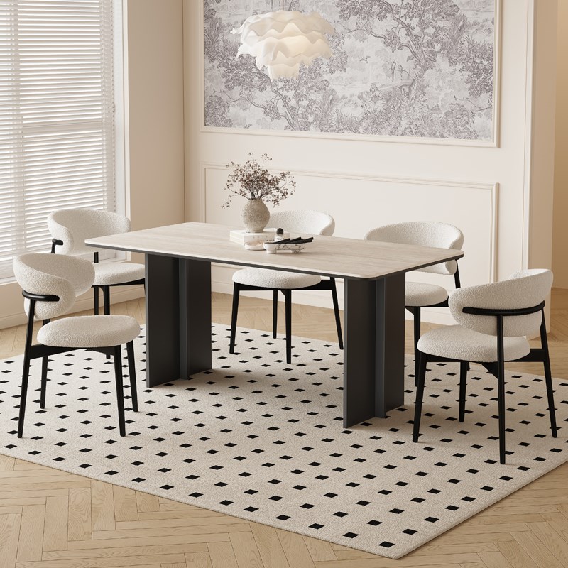 法式复古洞石岩板餐桌椅组合现代简约极简家用小户型长方形桌子