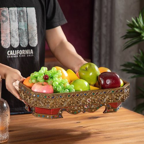 泰国实木家用糖水果盘茶几零食盘复古贡盘长八边形托盘泰式供品盘