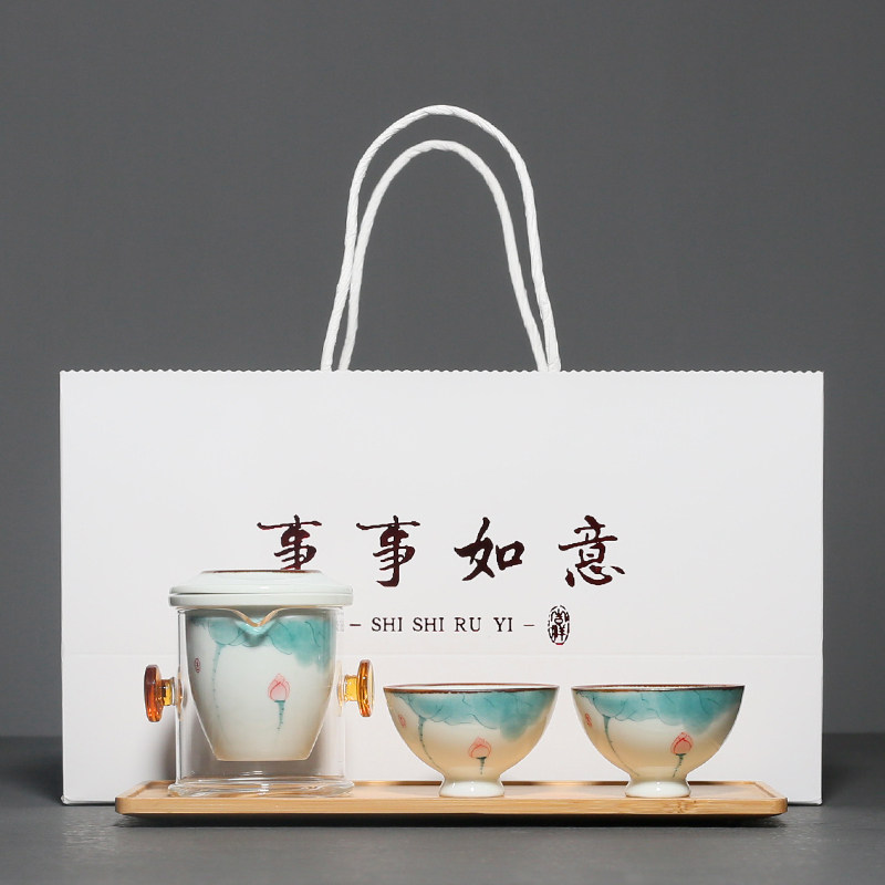 手绘荷花小清新红茶泡便携陶瓷茶壶泡茶器一壶二杯家用