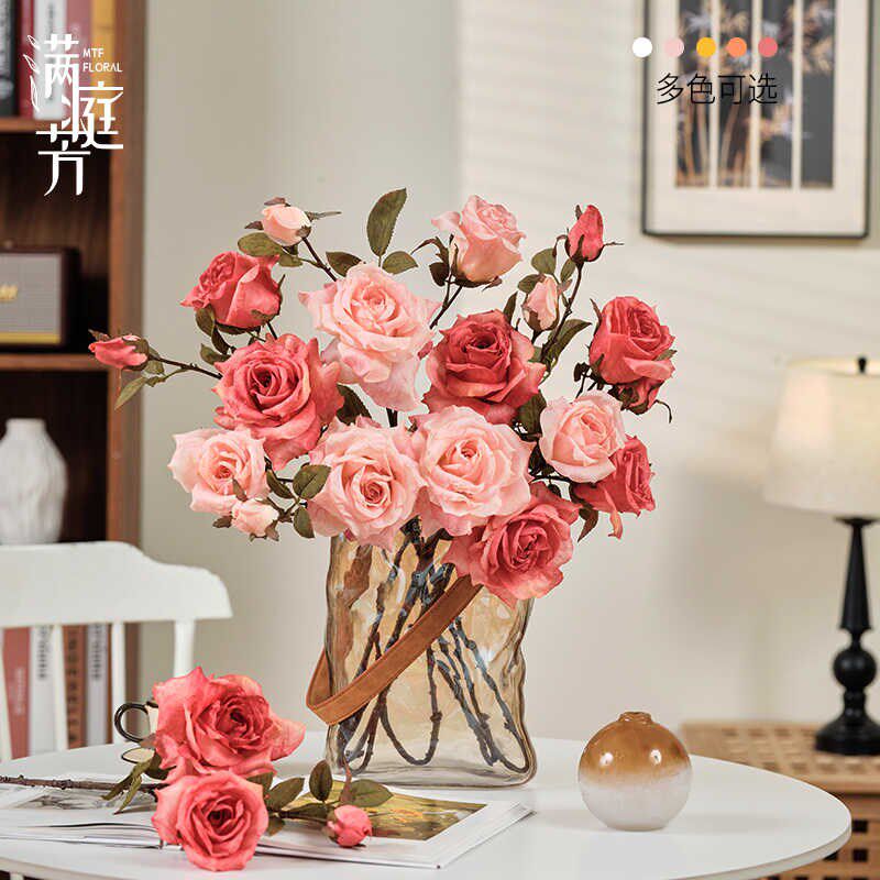 焦边玫瑰胭脂粉仿真花干枯假花复古油画客厅装饰绢花餐桌花瓶摆件