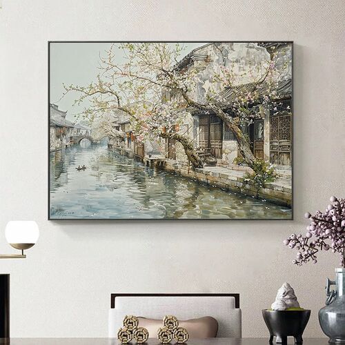 江南水乡春天风景挂画客厅茶室墙壁画中式江南小巷画沙发背景墙画
