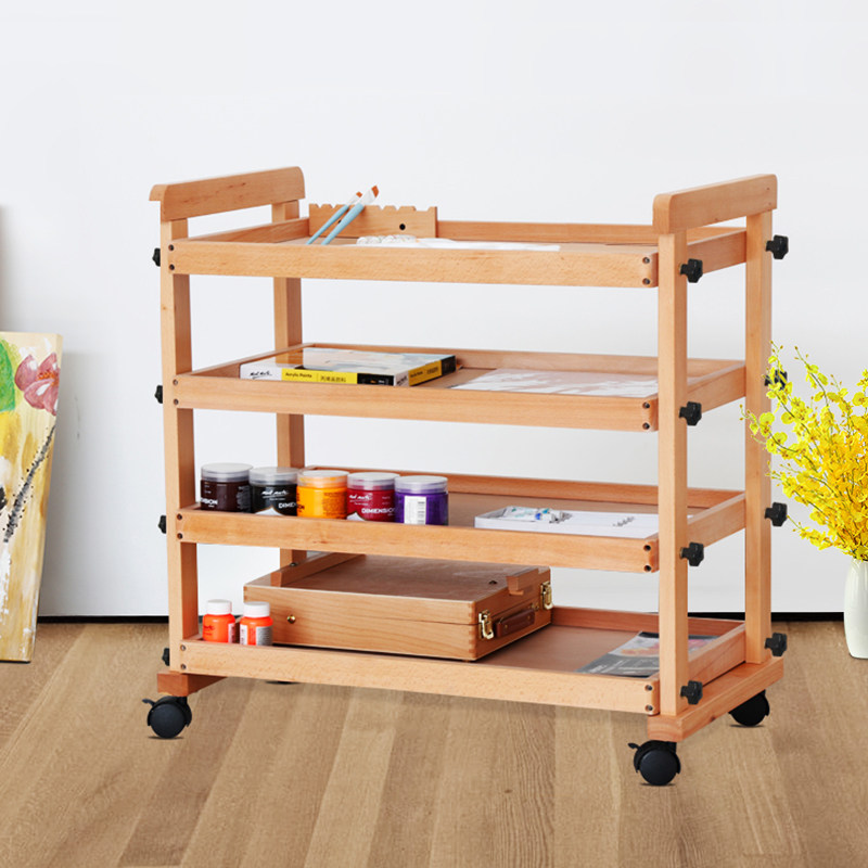 美术生专用画车三层四层榉木质油画小推车多功能美术颜料工具存放