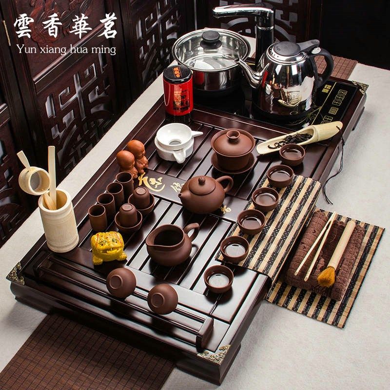 茶具套装整套陶瓷汝窑冰裂紫砂功夫茶杯四合一电磁炉实木茶盘茶道