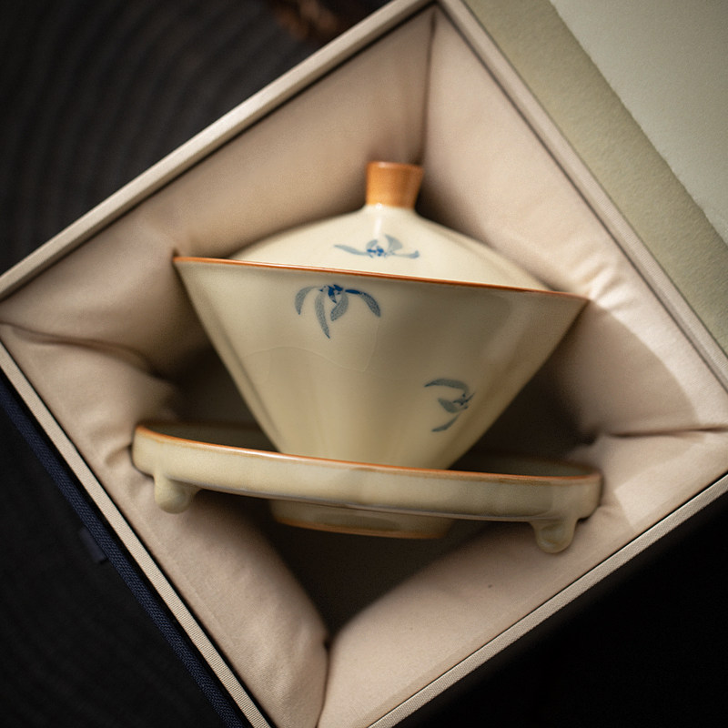 豆黄汝窑斗笠三才盖碗单个纯手绘兰花高档家用茶杯功夫茶具泡茶碗