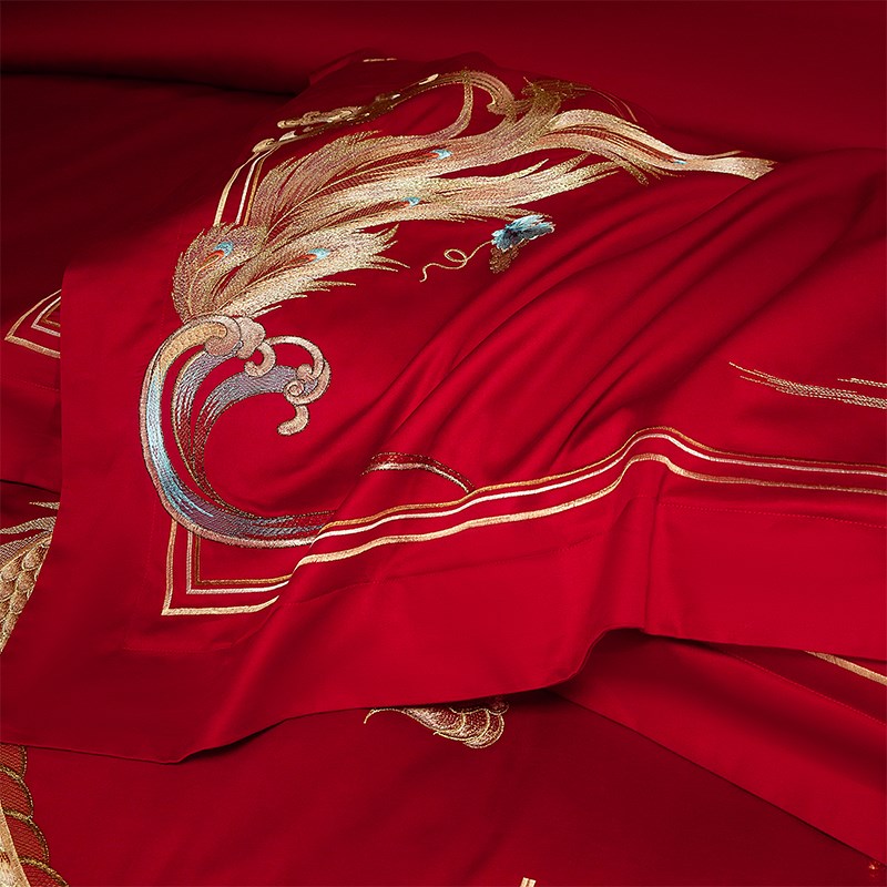 思辰家纺结婚四件床上用品大红全棉刺绣龙凤喜被高端婚庆十件