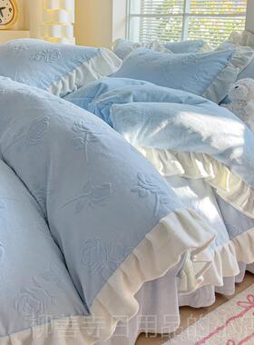 正品冬季A类法波牛点奶绒四面件套加厚公主风双绒兰绒珊瑚绒被套