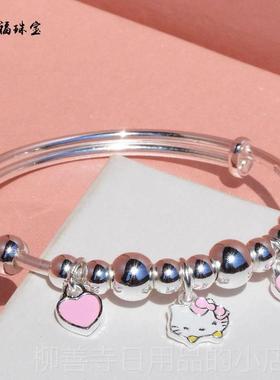 正品手小镯孩银手女童童纯银儿手镯男女款学生足银999镯子卡通实