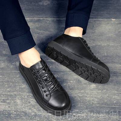 正品男鞋秋潮鞋2工024新冬款男款休闲皮鞋黑色百丁搭装鞋真皮低帮