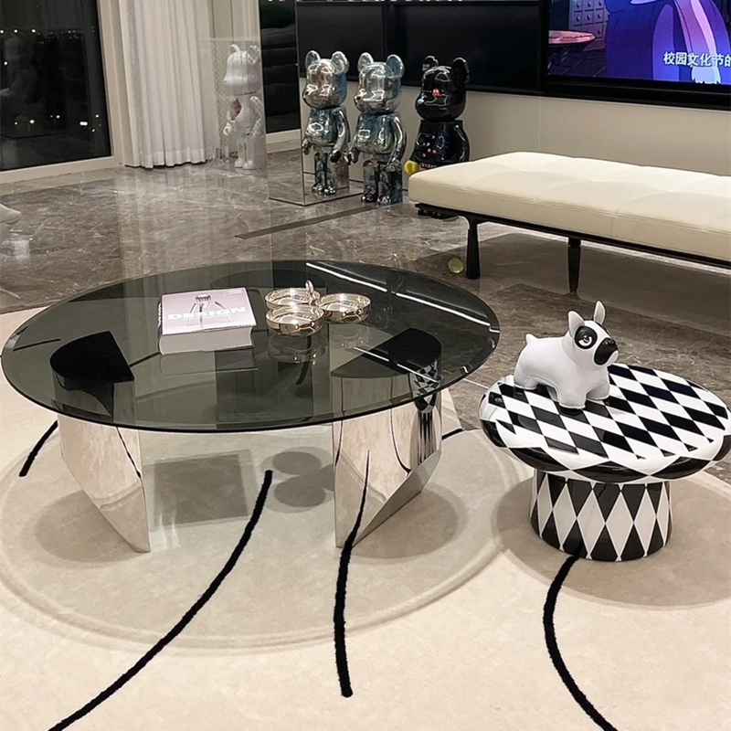 意式玻璃茶几现代简约高级感小户型圆形岩板茶几不锈钢侘寂风边几