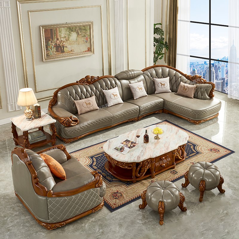 欧式真皮沙发转角小象贵妃组合高档别墅客厅实木真皮沙发头层牛皮