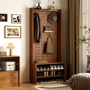 中古风全实木入户门口换鞋凳鞋柜坐凳一体可坐鞋架带洞洞板挂衣架