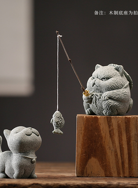 创意侠客小猫钓鱼茶宠摆件可爱小猫咪香插鱼缸盆栽造景桌面装饰品