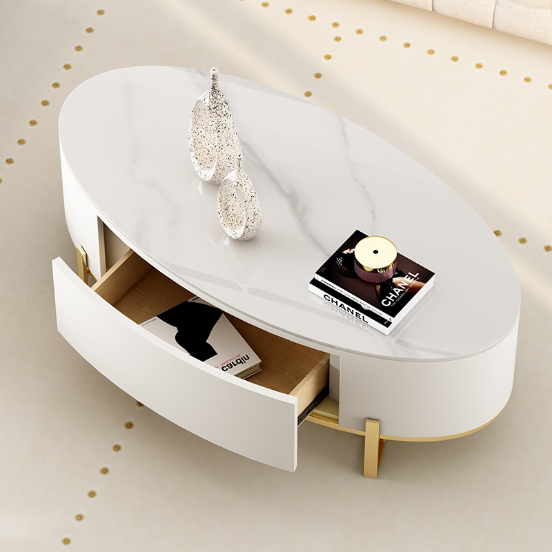 奶油风茶几客厅家用小户型法式侘寂现代极简约创意椭圆形岩板茶几